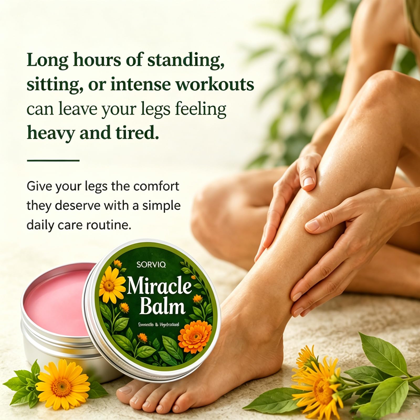Sorviq Miracle Balm, Leg Relief Balm For Tired & Heavy Legs – Cooling Massage Cream With Arnica, Vitamin E & Calendula – Fast Absorbing Moisturizing Foot & Leg Care For Daily Comfort (2 Sets)