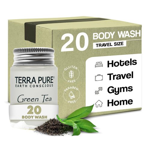 Terra Pure Travel Size Hotel Body Wash 20 Count 1 oz Bottles Guest Amenities for Hotels Vacation Rentals and Short Term Rentals Paraben Free Green Tea Scent Infused with Aloe and Olive Oil