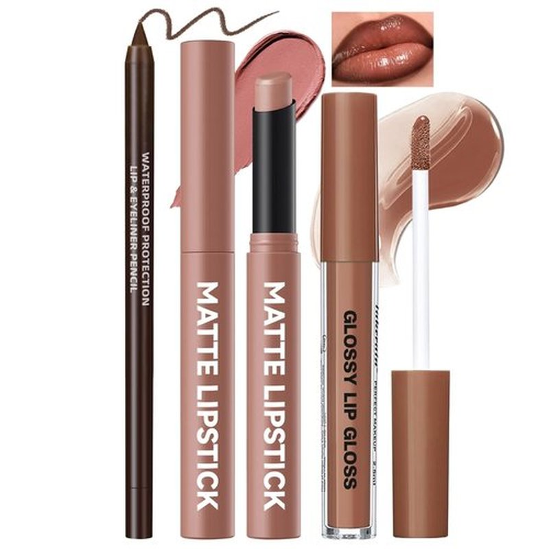 Noerrors Juicy Nude Lip Kit - Matte Lipstick, Nourishing Gloss & Brown Liner | Moisturizing Trio for Women