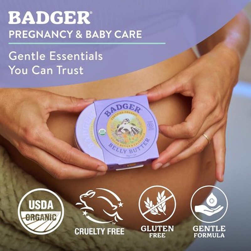 Badger Belly Butter - Organic Stretch Mark Cream for Pregnancy | Hypoallergenic Cocoa & Coconut, 2 oz Tin