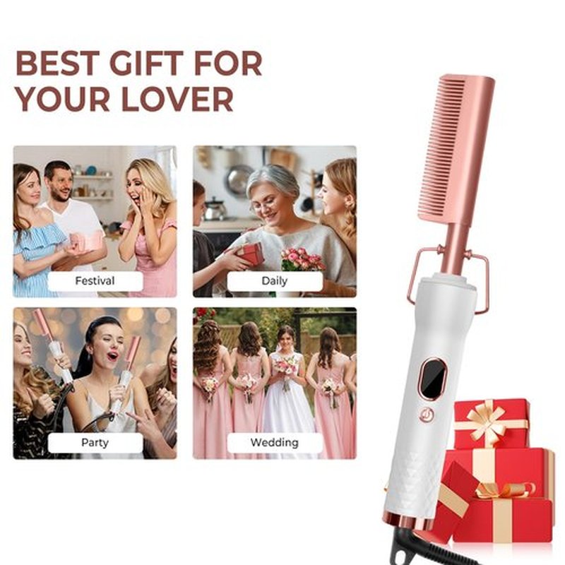 Hot Comb,Travel Curling Iron Double Voltage 110-240V with European Plug Adapter,12 Temp Settings Straightening Comb for Black Hair,Pressing Combs for Straight/Curling