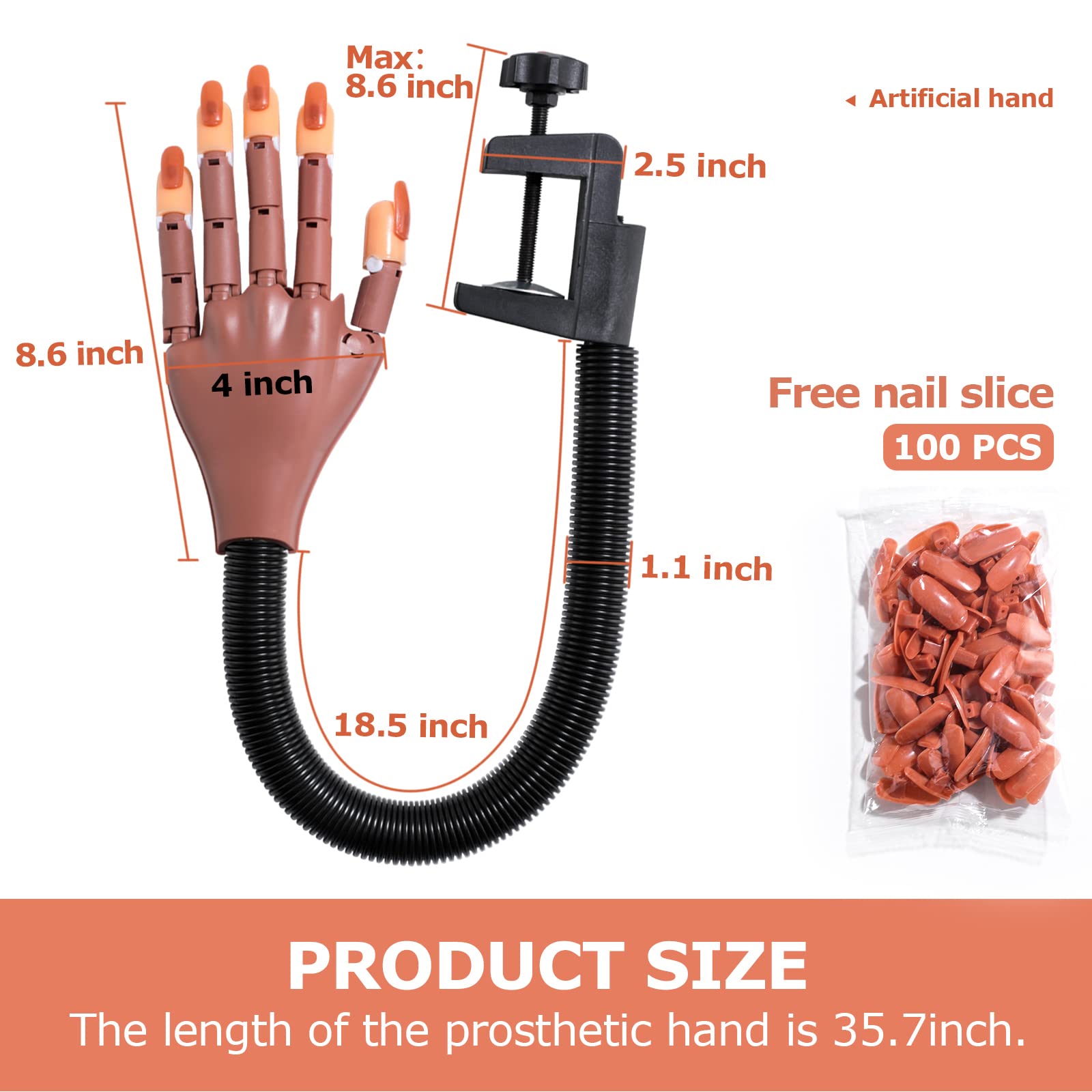 Yiesoum Practice Hand for Acrylic Nails, Flexible Never Fall Off Nail Trainning Adjustable Hands Kits, Fake Hands for Nail Practice, Nail Display Manicure, Movable Nail Maniquin Hand(100PCS Nail Tips)