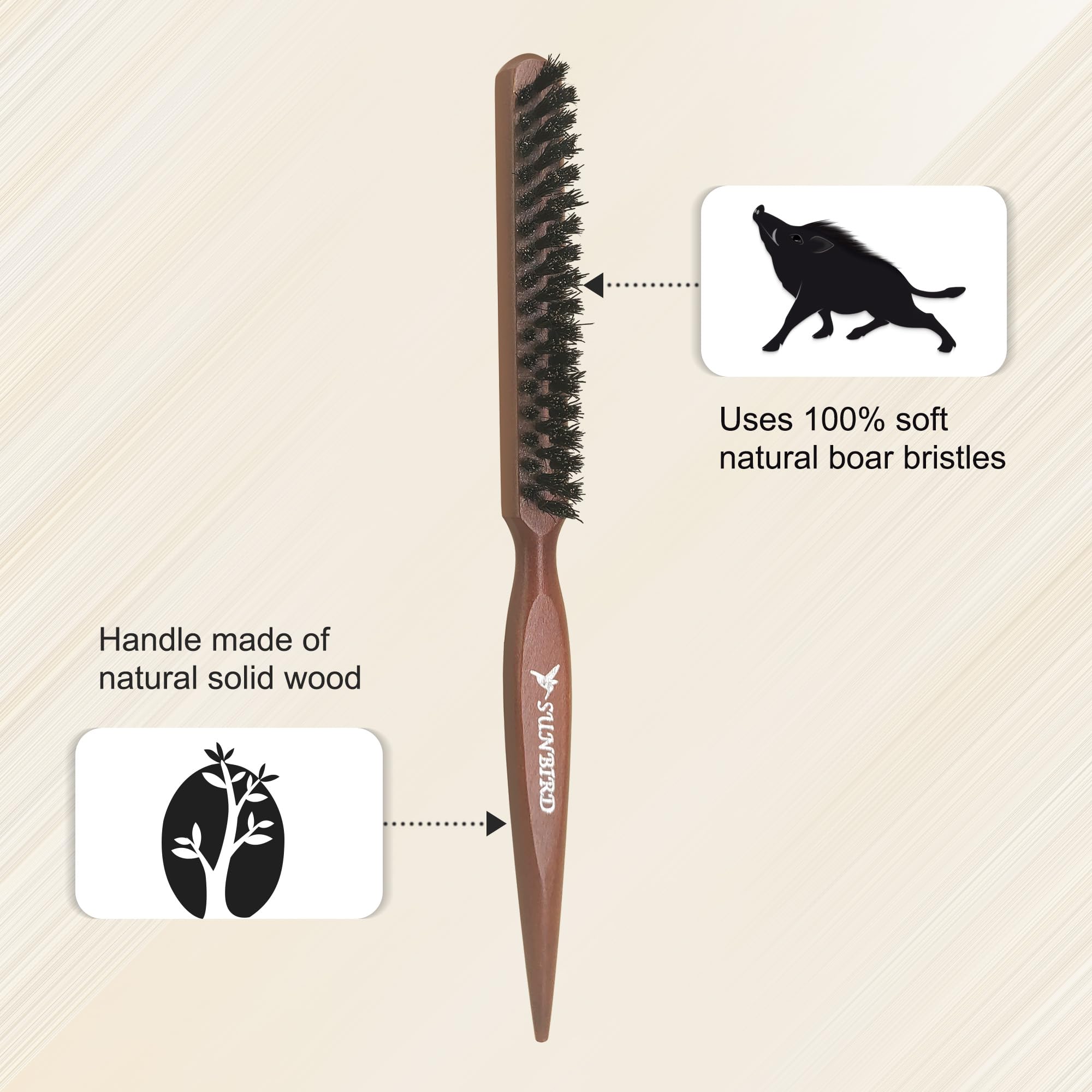 SUNBIRD Teasing Hair Brush, 100% Natural Boar Bristle, Women Fine Thin Hair