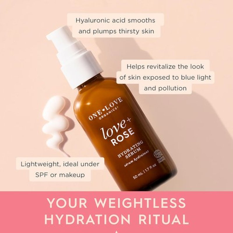 One Love Organics Love + Rose Hydrating Serum – Hyaluronic Acid Moisturizer for Dehydrated Skin, Certified Organic & Cruelty Free 50ml