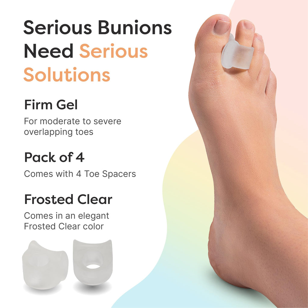 ZenToes Firm Gel Toe Separators for Overlapping Toes, Bunions, Big Toe Alignment, Corrector and Spacer, Strong Support - 4 Pack (Firm Frosted Clear)