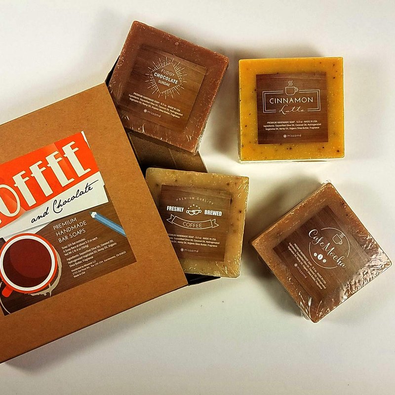 Missamé Handmade Bar Soap Gift Set, Coffee And Chocolate Scented, 4 Full Sized Bars 5.0 oz Each, Saponified Olive Oil Base With Organic Shea Butter, Best For All Skin Types