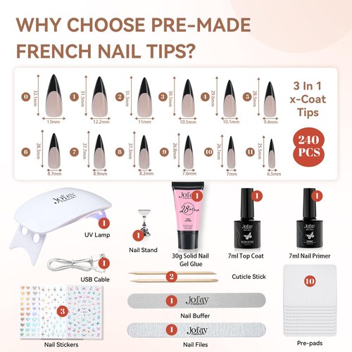 French Gel Nail Tips Kit, Jofay Fashion 240Pcs Stiletto French Tip Press on Nails Long, Natural Fake Nails Pre-Base Coat & Black French Tips with 30g Solid Nail Glue Gel for x Coat Press on Nails