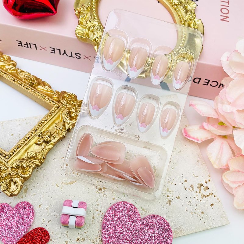 White French Tip Press on Nails Short Almond NEWSPIED Valentines Fake Nails with Pink Heart Designs French Tip False Nail Valentine Heart Nails Press ons Reusable Glossy Acrylic Nail for Women 24 Pcs