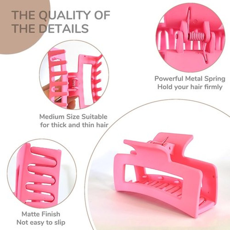 3.5” Medium Claw Clips, 6 Pcs Square Hair Clips for Thick and Thin Hair, Strong Hold Banana Jaw Clips, Cute Hair Accessories for Women and Girls (pink)
