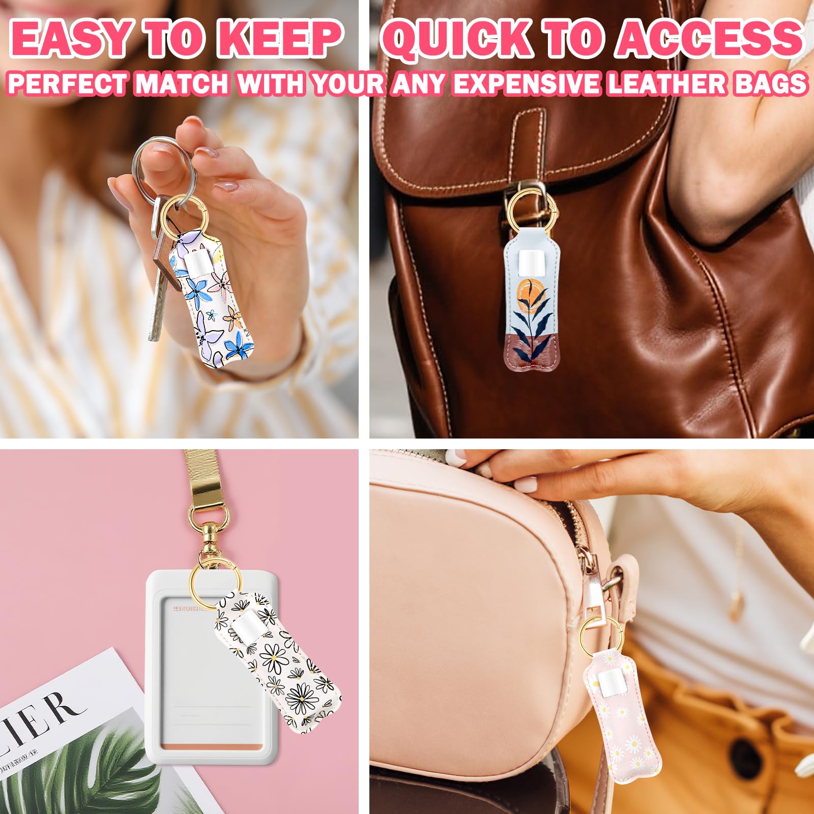 WK IEASON Lip Balm Holder Keychain Clip On PU Leather Lipstick Sleeve Pouch Lip Gloss Holder Lip Balm Sleeve Holder Keychain 3PCS（Floral Set A）