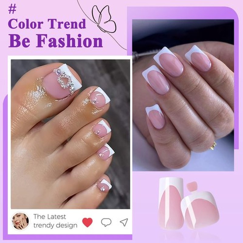 144pc White French Tip Press on Nails Medium & Square Fake Toenails Kit, Square Nails Press ons Toenail Women French Acrylic Nail Medium Glue on Nails Toenail Tips Toe Fake Nail with Tabs File