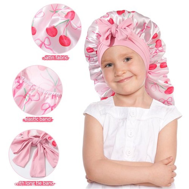 AWAYTR Long Toddler Silk Bonnet for Sleeping Elastic Satin Bonnets for Curly Hair Braid Bonnet Night Cap for Aged 3-12 Kids (Cherry Pink)