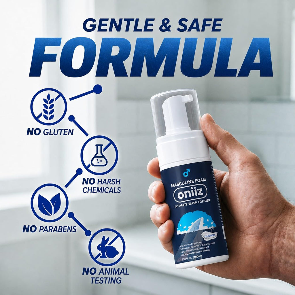 ONIIZ Masculine Foam Men’s Intimate Wash for Odor Control, pH Balanced Cleanser for Sensitive Skin with Green Tea, Aloe & Chamomile - Classical (Fresh Cooling Feel), 3.38 fl oz