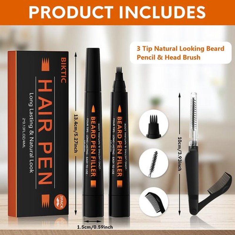 3-Pack Beard Pencil Filler for Men (Black), Four-fork Tip Beard Styling Pen, Waterproof Sweat Proof Long Lasting Beard Pencil,Effectively Enhances Facial Hair