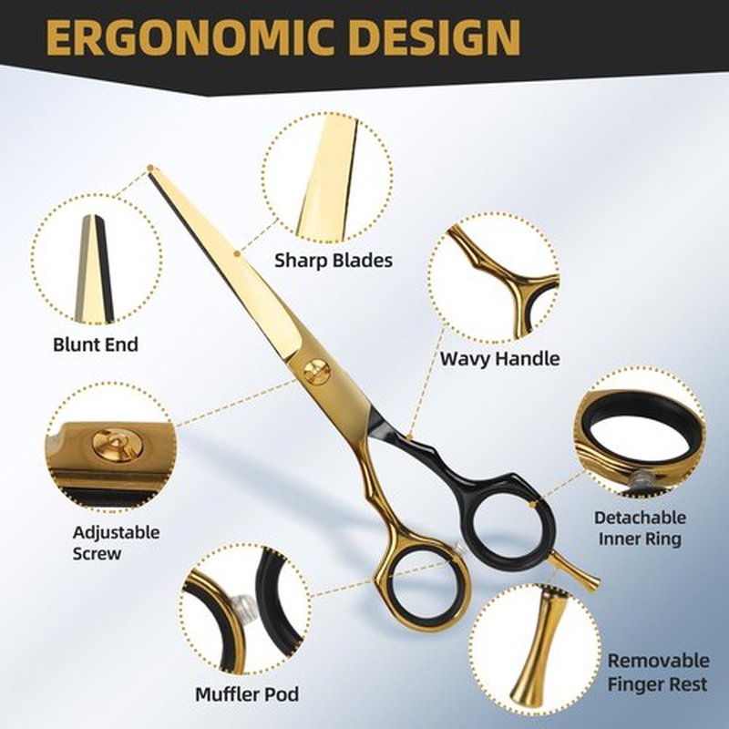 Ethyxe Hair Cutting Scissors Kit - 9 PCS Professional Haircut Scissors Set with Stainless Steel Straight and Thinning Shears for Home, Salon, and Barber Use (Black & Gold)