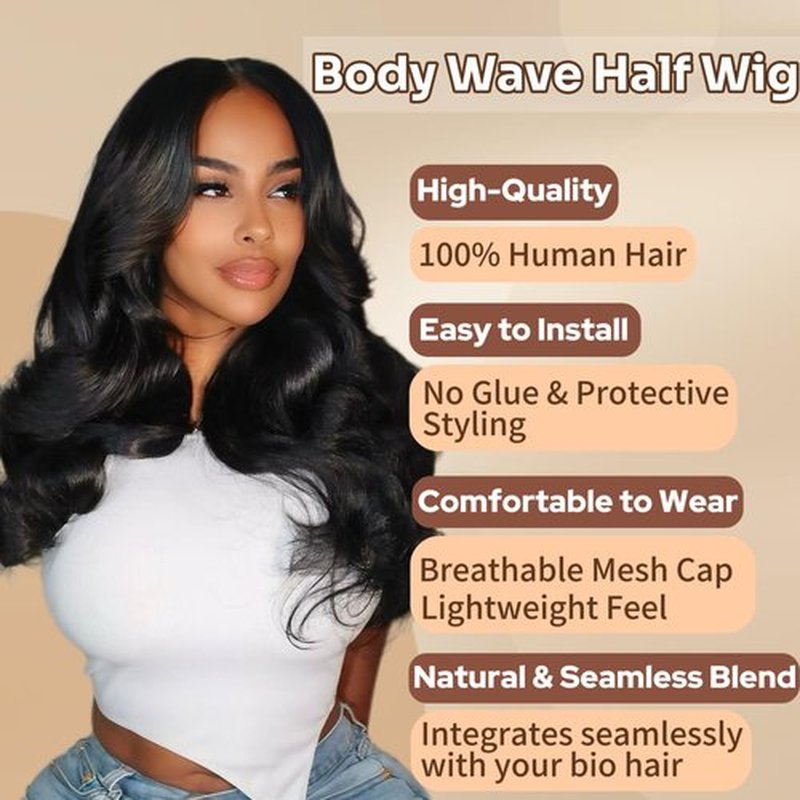 Body Wave Half Wig Human Hair 200% Density 3 In 1 Seamless Flip Over Glueless Wigs with Drawstring Beginner Friendly Headband Wig for Black Women Daily Wear 18inch