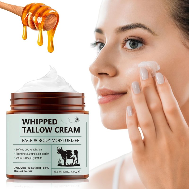 XIAMOFUZHOU Beef Tallow for Skin - 100% Natural Grass-Fed Pure Whipped Beef Tallow and Honey Moisturizer Cream for Face & Body Enhance Whole Body Deep Hydration & Dry Aging Sensitive Skin Care 4.2 oz