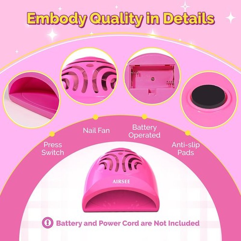 AIRSEE Kids Nail Dryer, Portable Nail Dryer, Mini Nail Fan for Regular Nail Polish - Birthday, Christmas, Party Gift for Grils, Battery Operated, DIY nail art, No Harmful, Two stickers included (Pink)