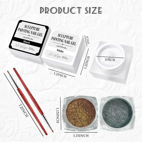 U-Shinein Sculpture Painting Nail Gel with Chrome Nail Powder 3D Black and White Painting Carved Nail Gel Metallic Mirror Effect Creative Molding Gel for DIY Nail Manicure Soak Off UV LED