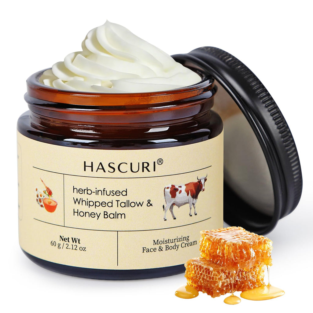 HASCURI Grass-Fed Whipped Tallow Balm - 100% Pure Beef Tallow Moisturizer for Face & Body - Rich in Vitamins E - Traditional Skin Food for Deep Hydration & Barrier Support - 2 oz