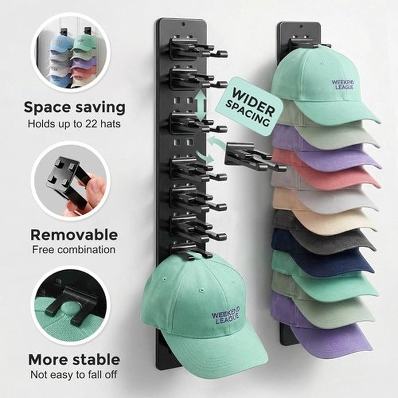 Hat Organizer by 1A - 2 Pack Detachable DIY Rack for Up to 22 Baseball Caps | Wall-Mounted Storage Solution