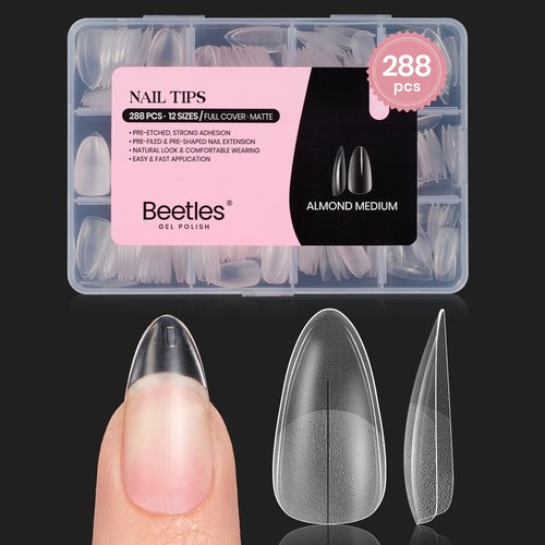 Beetles Medium Almond Gel Nail Tips: 288PCS Medium Almond Matte Clear False Acrylic Press on Nails Tips 12 Sizes Pre-shape Full Cover Nail Tips Nail Extension Easy DIY Salon Gifts for Women