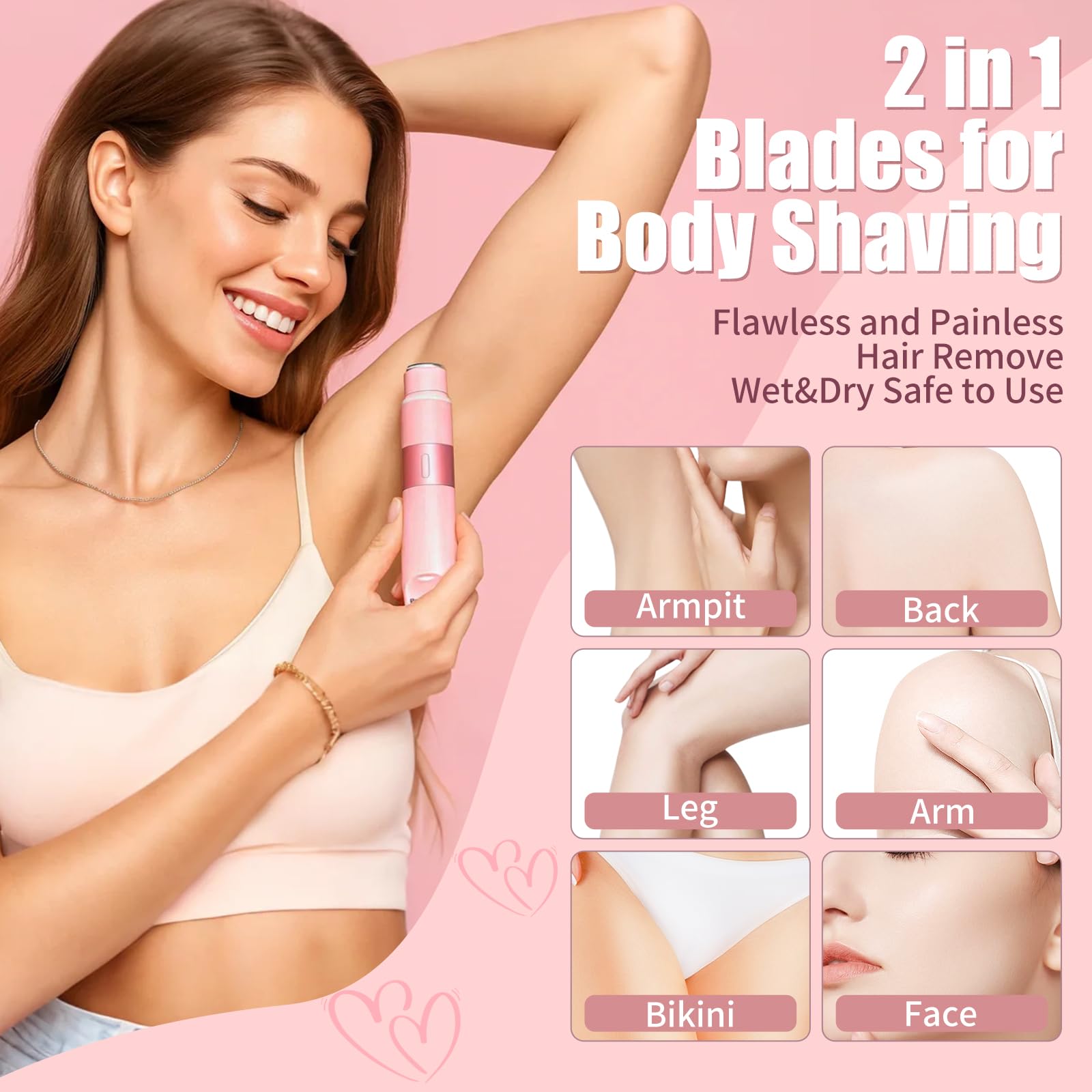 Bikini Trimmer for Women - 2 in 1 Electric Razors for Women Painless IPX7 Waterproof Rechargeable LED Dual Head Electric Shaver for Lady Bikini Underarm, Body, Leg, Face Hair Remove (Pink)