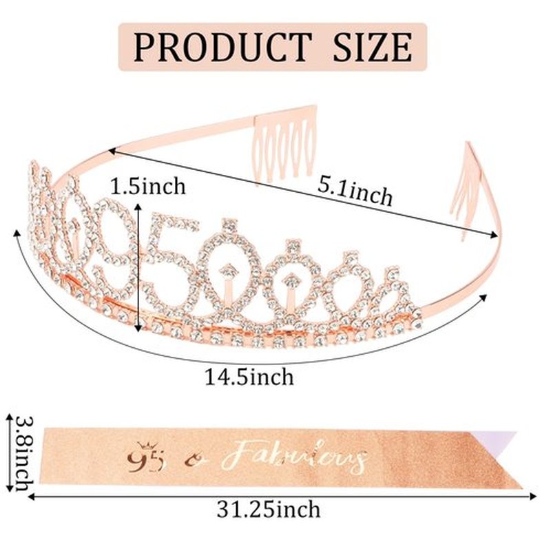 CIEHER 95th Birthday Crown and Sash, 95 & Fabulous Sash, 95th Birthday Decorations for Women - Rose Gold