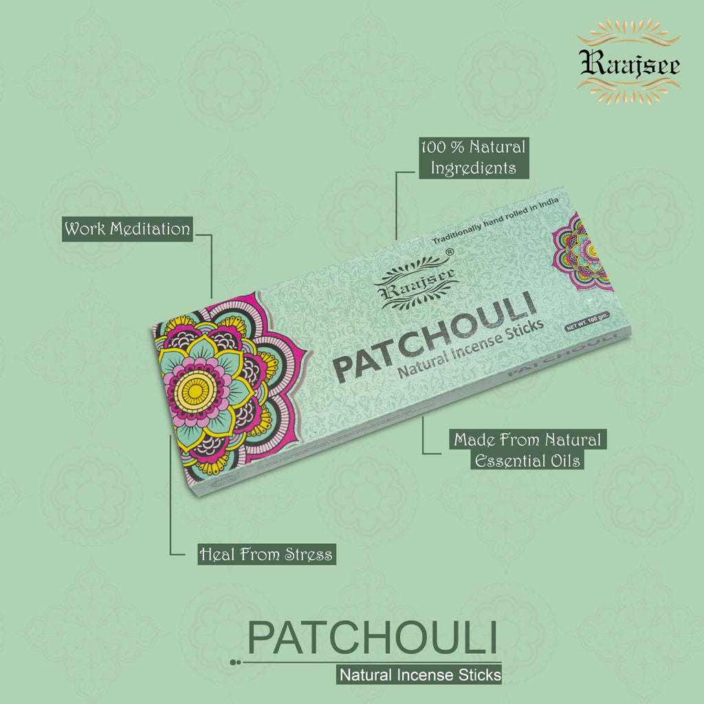 Raajsee Patchouli Incense Sticks 100 gm Pack-100% Pure Organic Natural Hand Rolled Free from Chemicals-Perfect for Church,Aromatherapy,Relaxation,Meditation,Positivity & Sensual Therapy