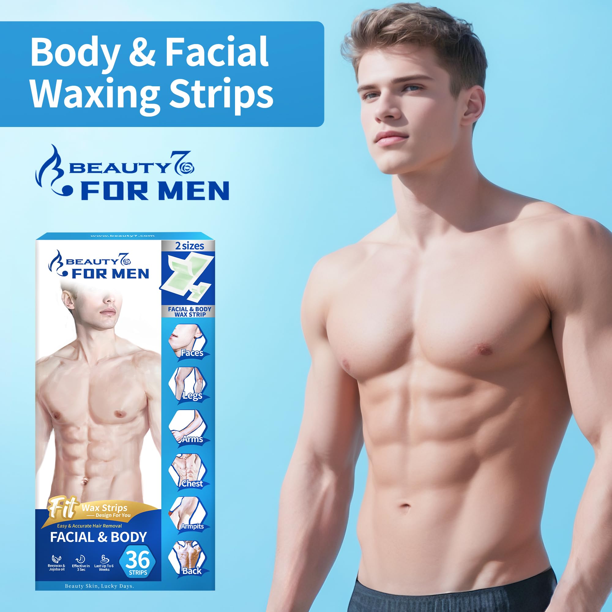 Beauty7 Men's Face & Body Waxing Strips, Ready to Use Wax Strips, Facial Hair Removal, Legs Arms Chest Back Wax, 36 Waxing Strip 4 Calming Oil Wipes