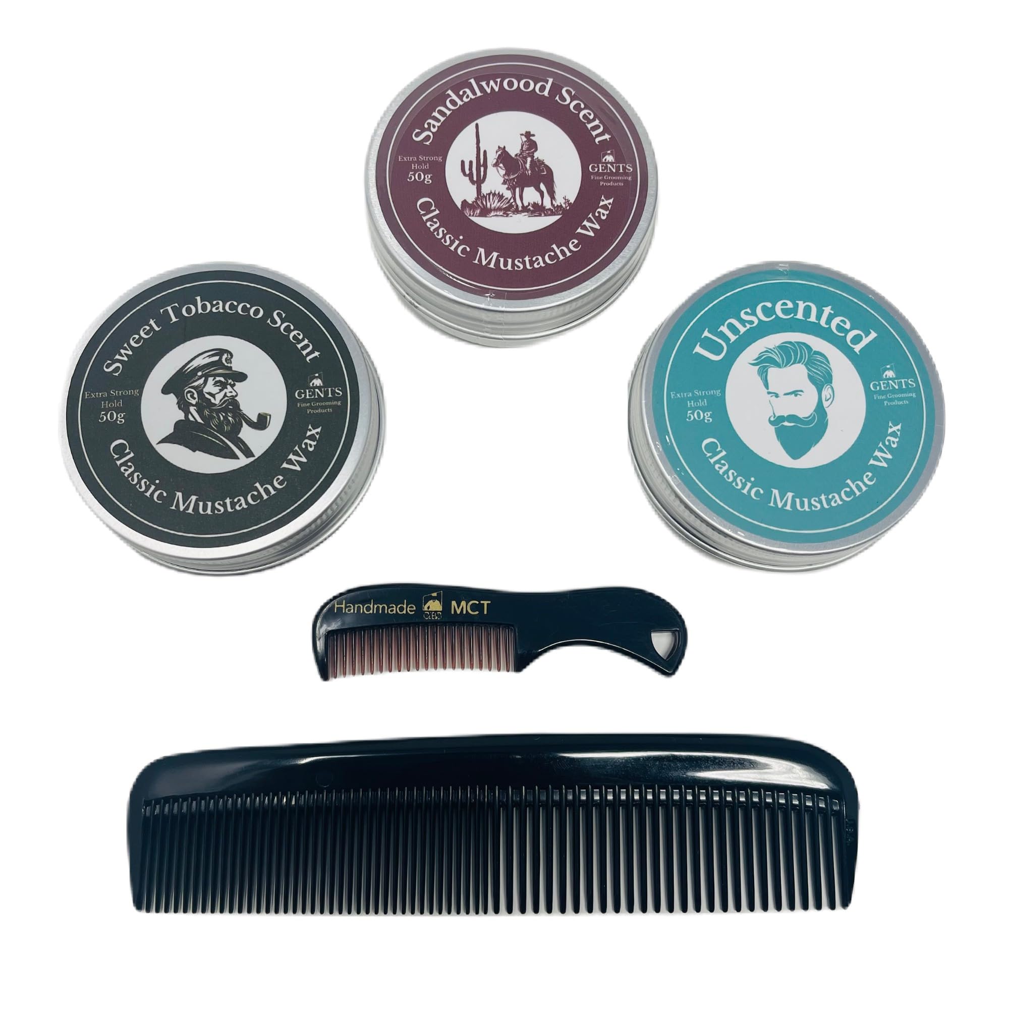 G.B.S 3 Mustache Wax Set – Sandalwood, Sweet Tobacco & Unscented – Includes Pocket Mustache Comb & Unbreakable 5-in Fine & Coarse Comb – Strong Hold for Styling & Conditioning