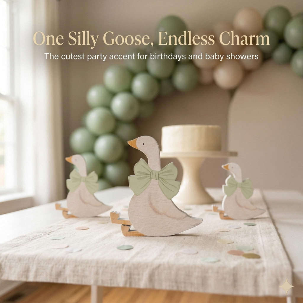 3PCS Silly Goose Birthday Party Decoration, Wooden Cute Goose with Pink Bow, Funny Table Centerpiece for Birthday Party Baby Shower, Desk Tiered Tray Decoration Rustic Farmhouse Gift, 5.9/4.7/3.9 Inch