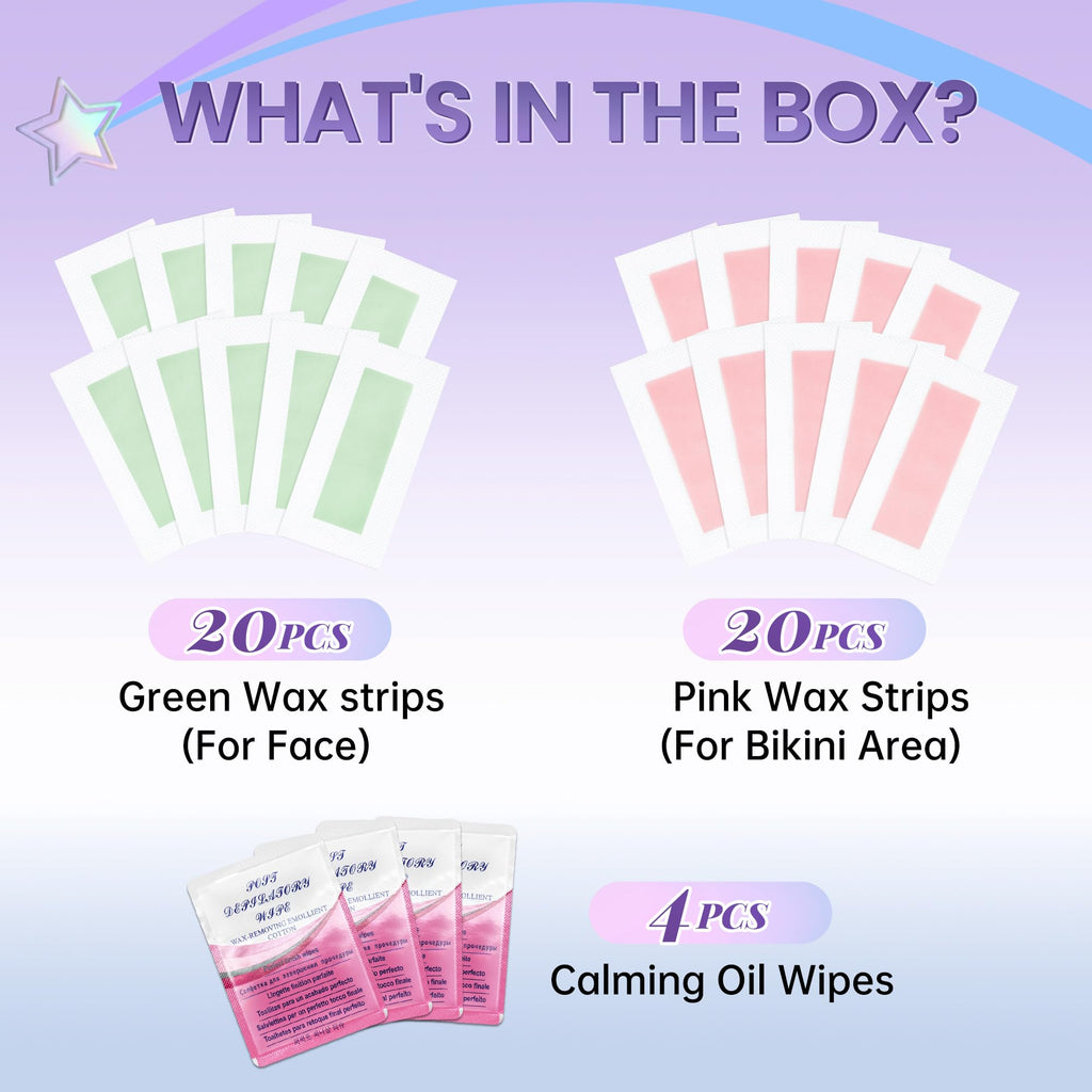 LAWINK Wax Strips for Hair Removal, 40Pcs Facial Hair Removal for Women Bikini Waxing Strips Kit with 4 Calming Oil Wipes, Body Waxing Kit for Face, Bikini, Chest, Body, Arms, Legs, Back, & Brazilian