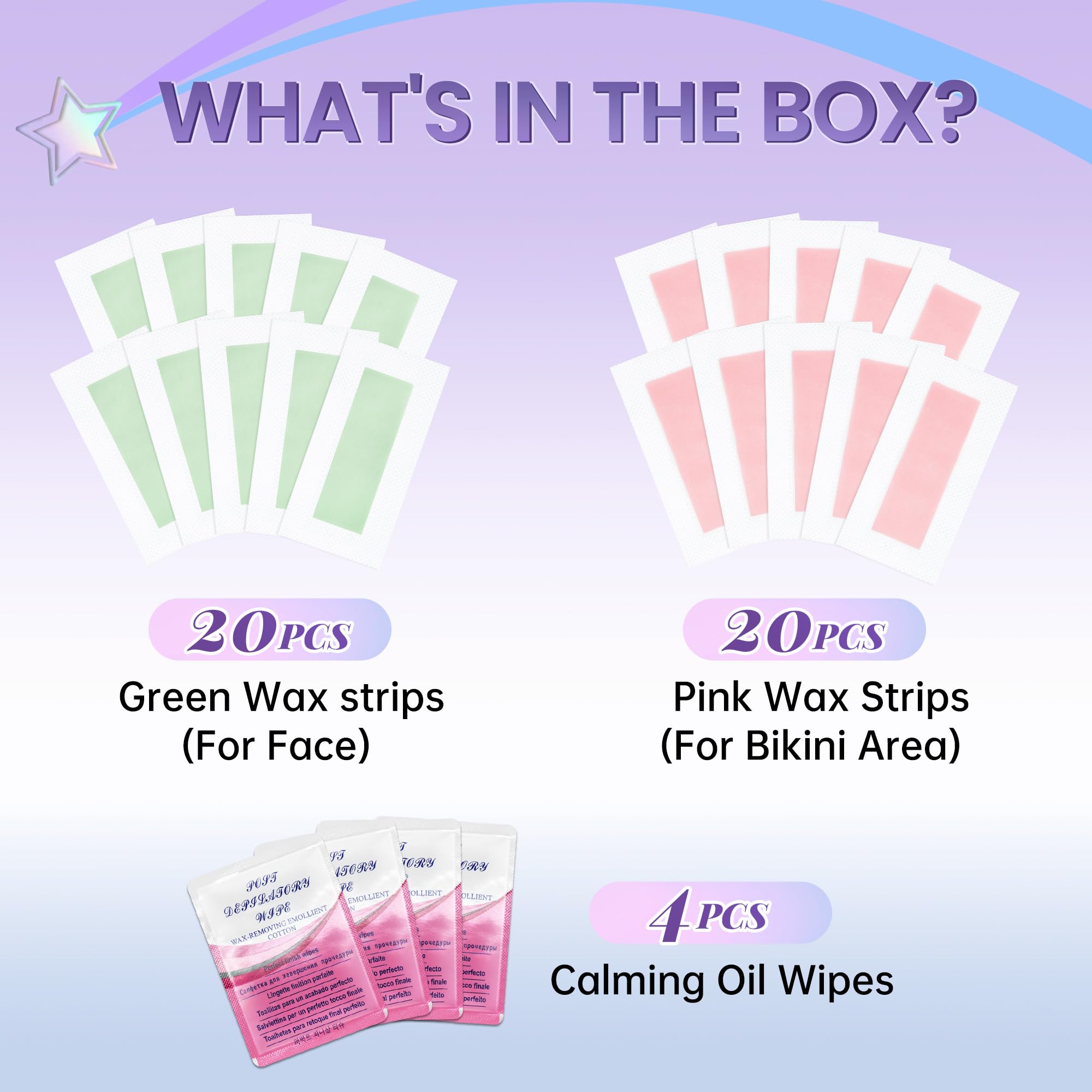 LAWINK Wax Strips for Hair Removal, 40Pcs Facial Hair Removal for Women Bikini Waxing Strips Kit with 4 Calming Oil Wipes, Body Waxing Kit for Face, Bikini, Chest, Body, Arms, Legs, Back, & Brazilian