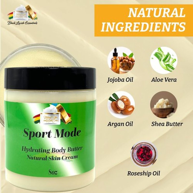 Black Lavish Essentials Ultra-Soft Shea Body Butter, Dry Skin Cream for Radiant Moisturized Skin, Natural Hydrating Body Lotion with Aloe Vera, Argan Oil, Rosehip Oil, (Sport Mode, 8oz)