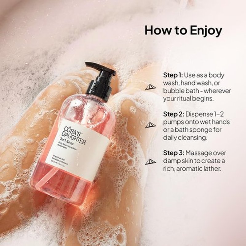 COBA'S DAUGHTER 3in1 Soap | Bubble Bath, Body Wash & Hand Wash | Aromatherapy-Infused with Grapefruit Peel & Eucalyptus Globulus | Inulin & Seaweed Extract to Hydrate & Soften Skin (16.9 Oz)