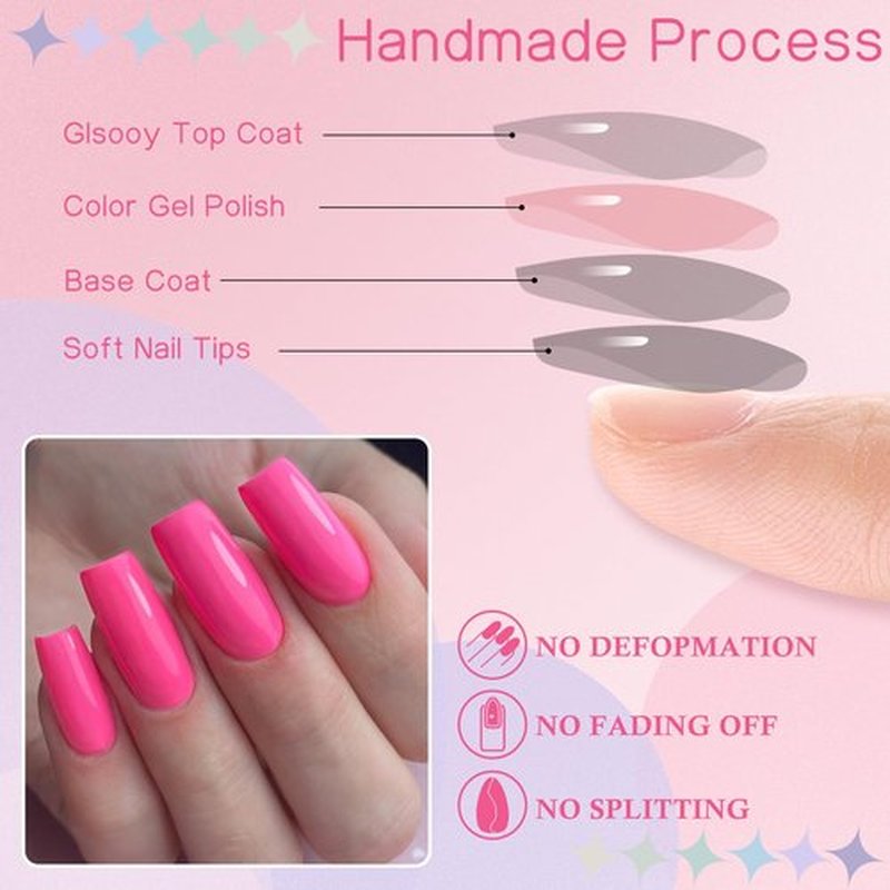 LuckForever 240pc Square Press on Nails Long Fake Nails Glue Press on Nails Square Nail Tips Full Cover Hot Pink Acrylic Nails Press ons Nail False Fingernail & Glue Adhesive Tabs for Women Girls