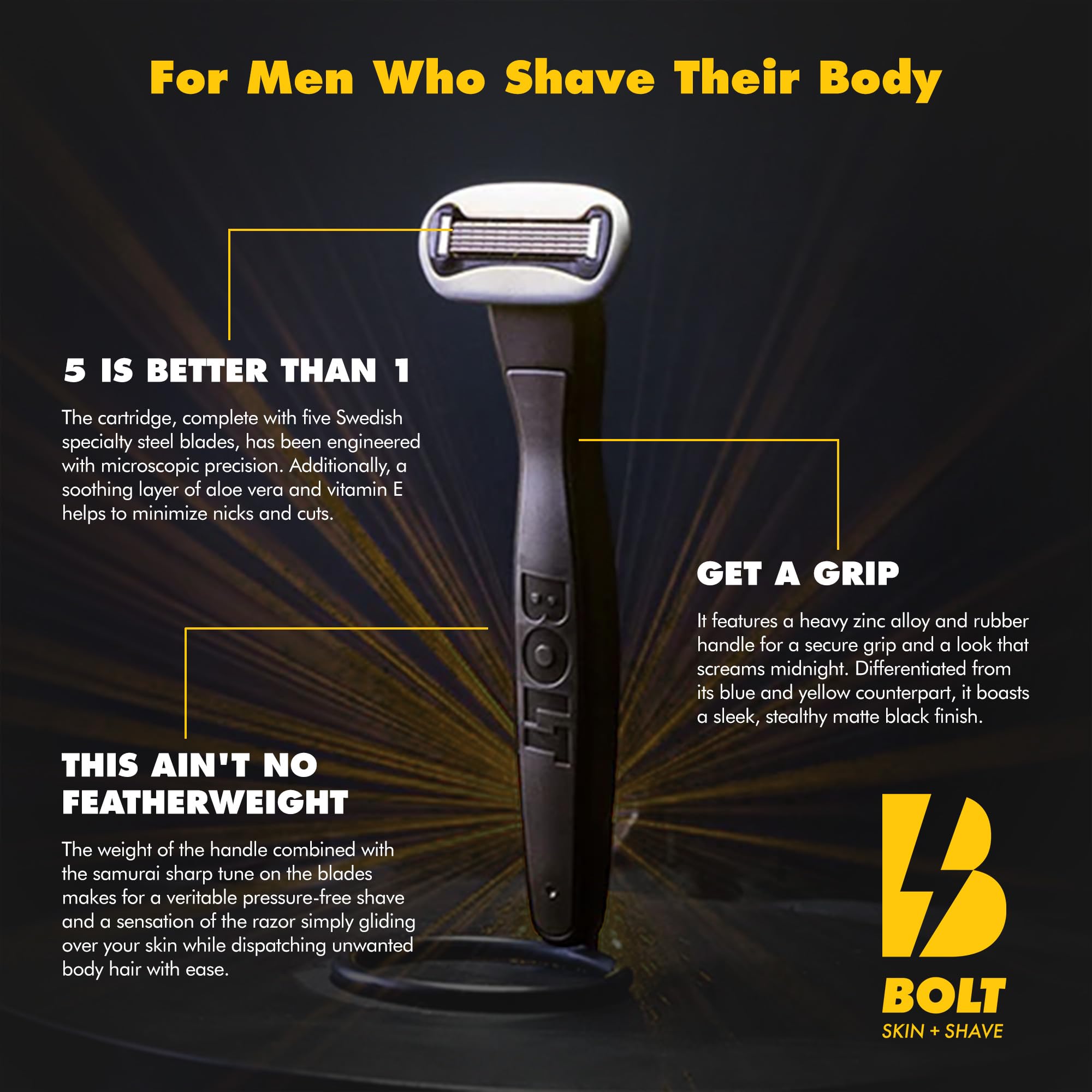 BOLT Skin + Shave - Starter Kit Black Edition - Performance Razor, Shave Butter & 3 Refill Cartridges - Smooth Shave for Body & Legs