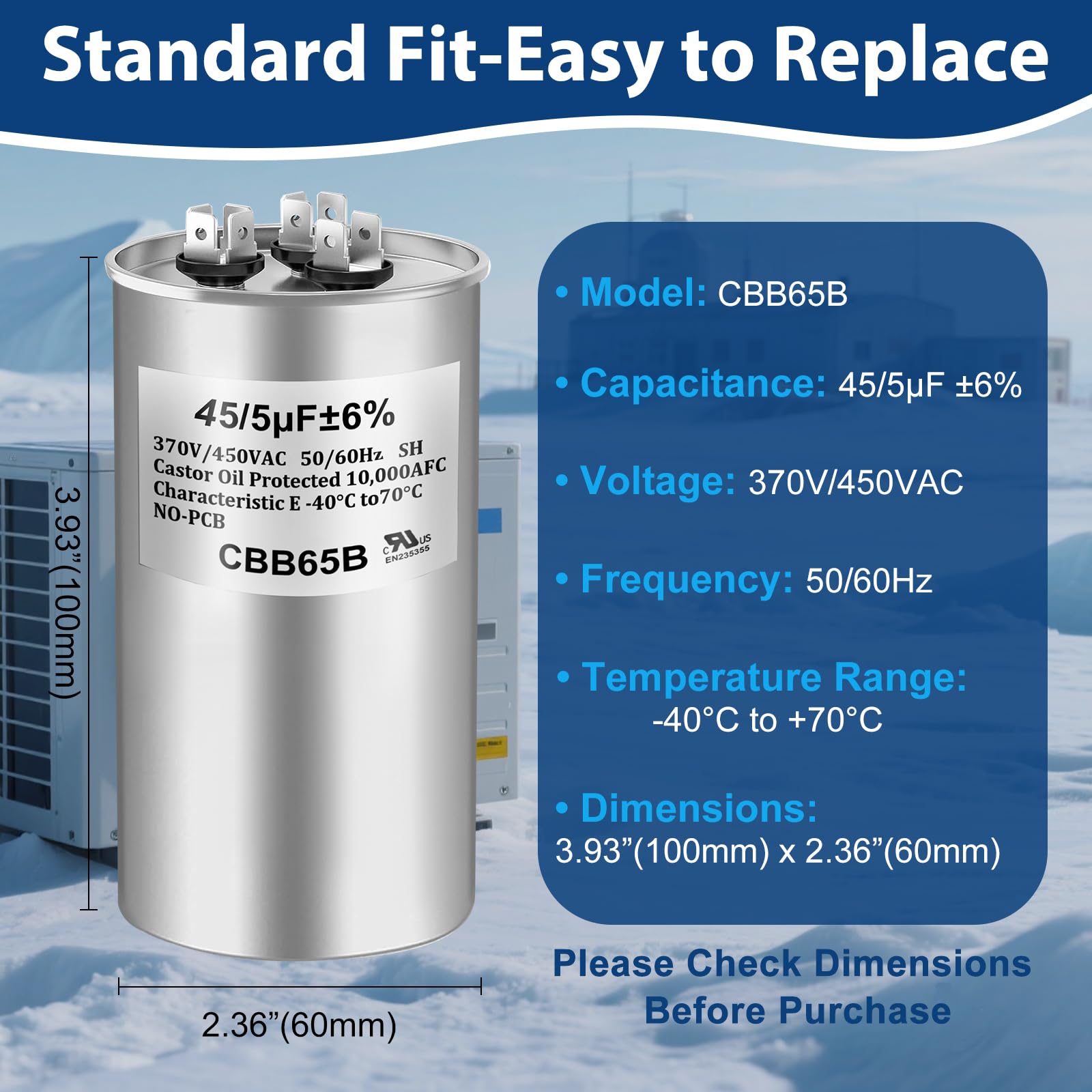 45/5 MFD 45+5 uF ±6% 370V/440VAC CBB65B Dual Run Circular Start Capacitor for AC Motor Run or Condenser Straight or Fan Start（60 * 100mm）