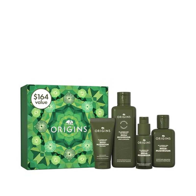 Origins 4-Piece Mega-Mushroom Skin Repair Set - Cleanser, Treatment Lotion, Moisturizer & Concentrate | Ideal for Sensitive Skin with Hyaluronic Acid & Reishi Mushroom