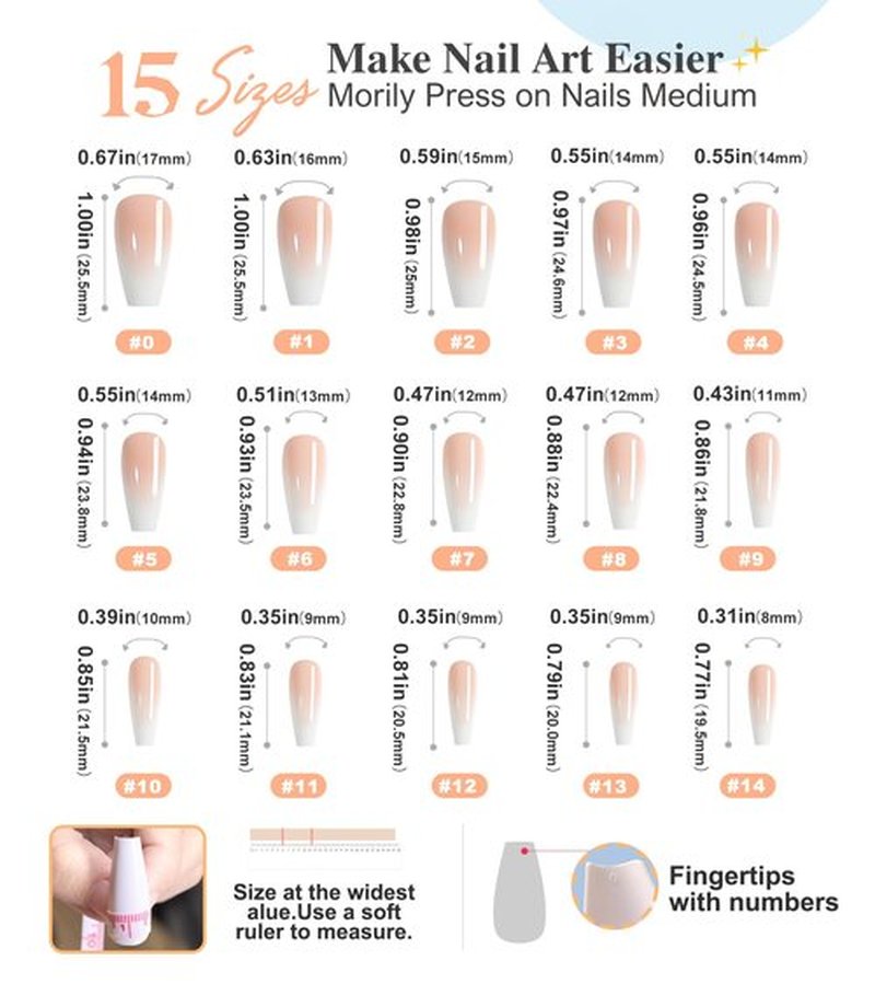 Morily Press on Nails - Pink Ombre Coffin Fake Nails Medium Length, French Tip Glossy False Stick on Fingernails for Women - 24Pcs in 12 Sizes