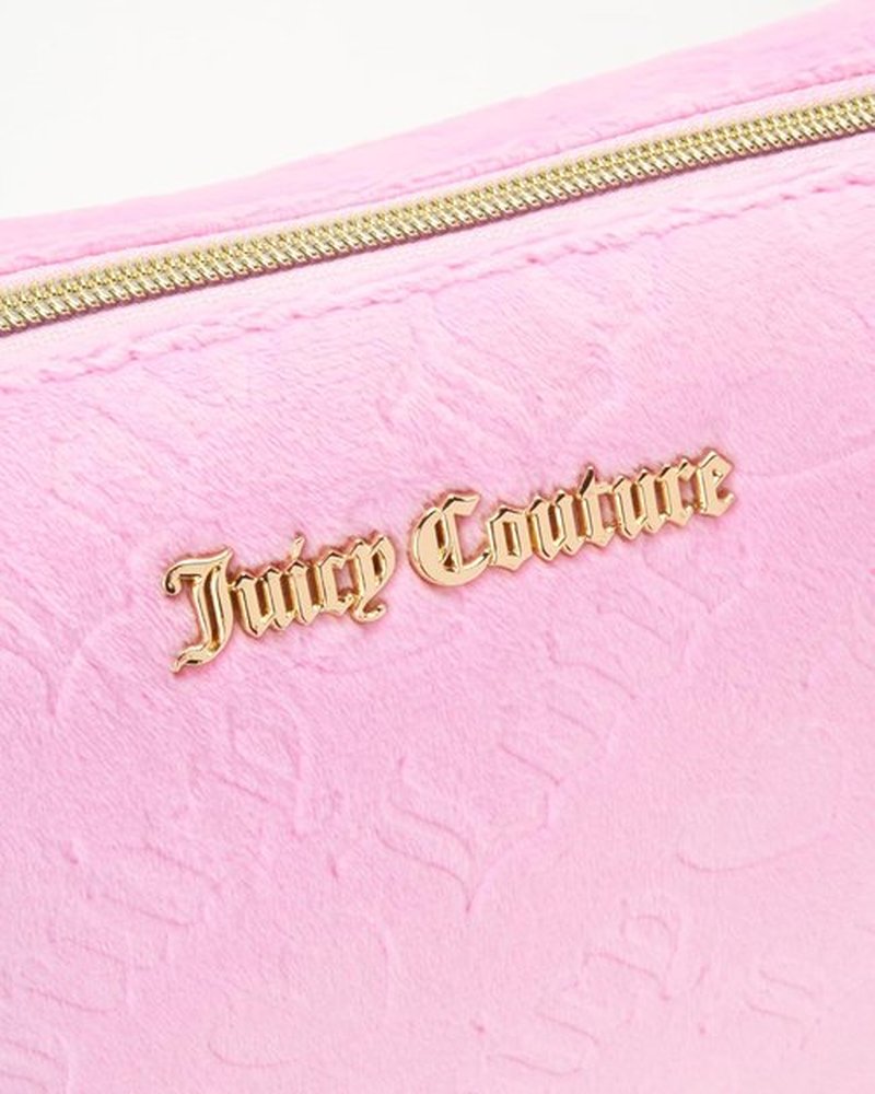Juicy Couture Pink Makeup Bag - Stylish Velour Organizer for Travel Essentials | Zip Top Wedge Design