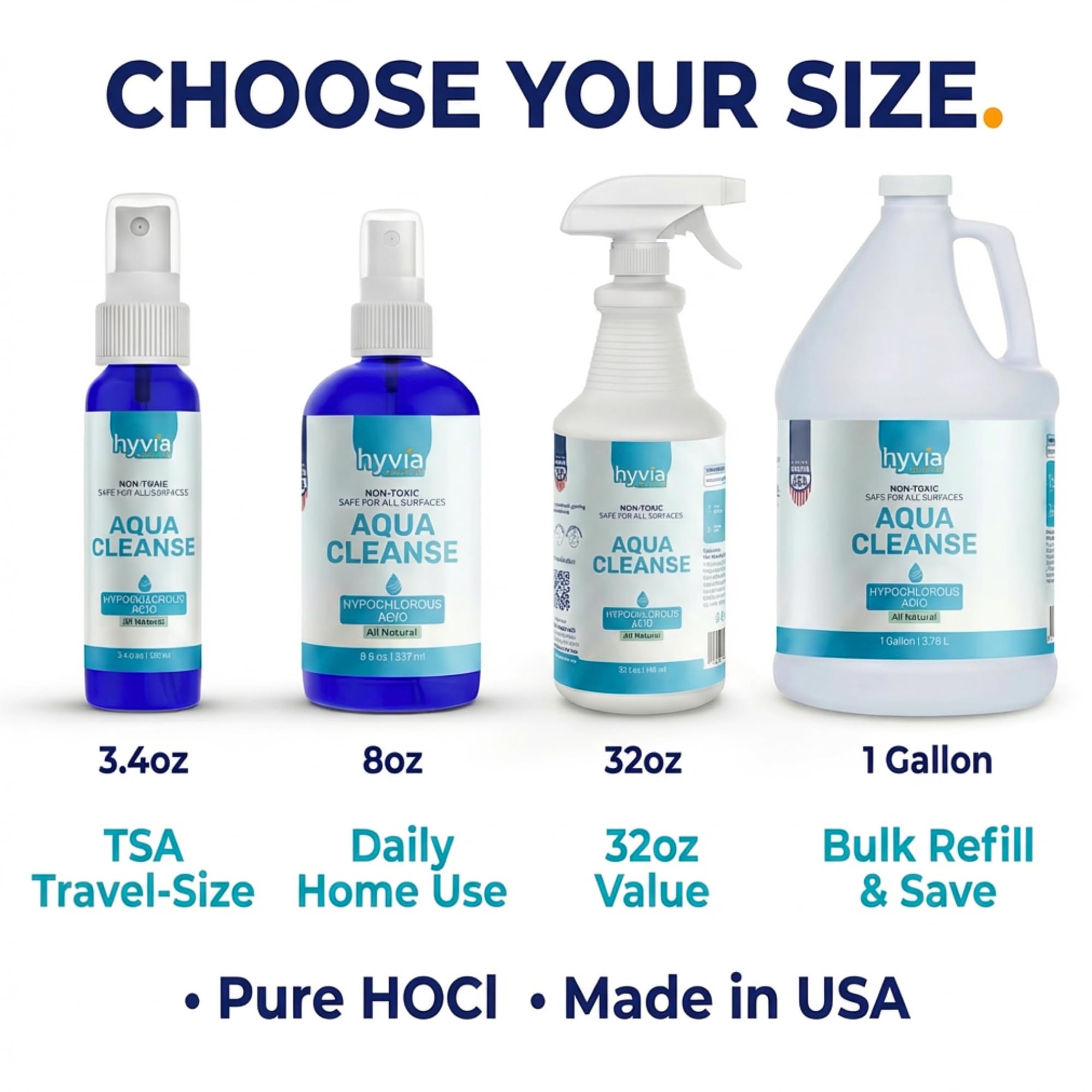 Hyvia Health AquaCleanse Hypochlorous Acid 1 Gallon - Bulk All-Purpose Cleaner with HOCL, All-Natural Surface Cleaning Solution - Safe For Kids, Pets, & Daily Use | Clear Spray Made In USA | Refill