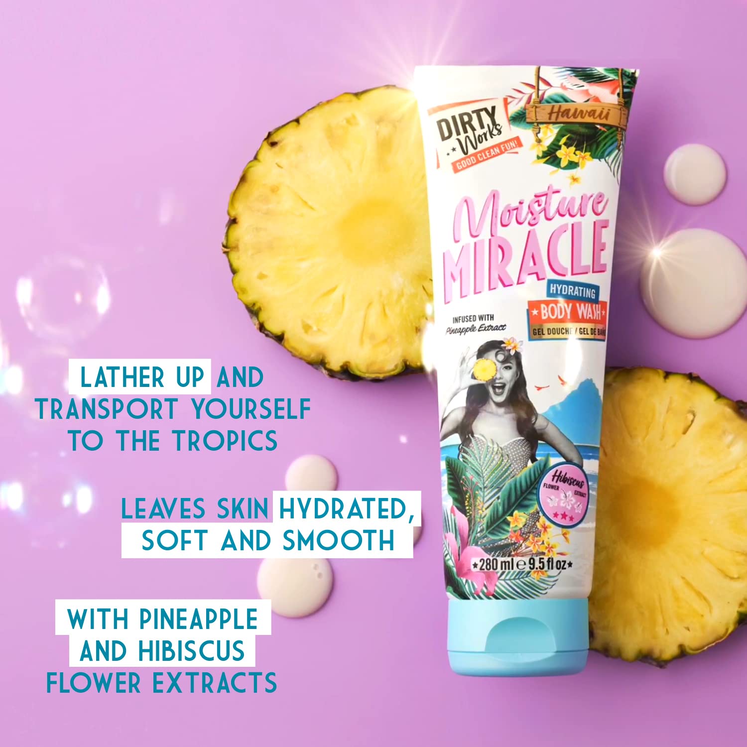 Dirty Works Moisture Miracle Hydrating Body Wash, Luxury Tropical Shower Gel, 280ml