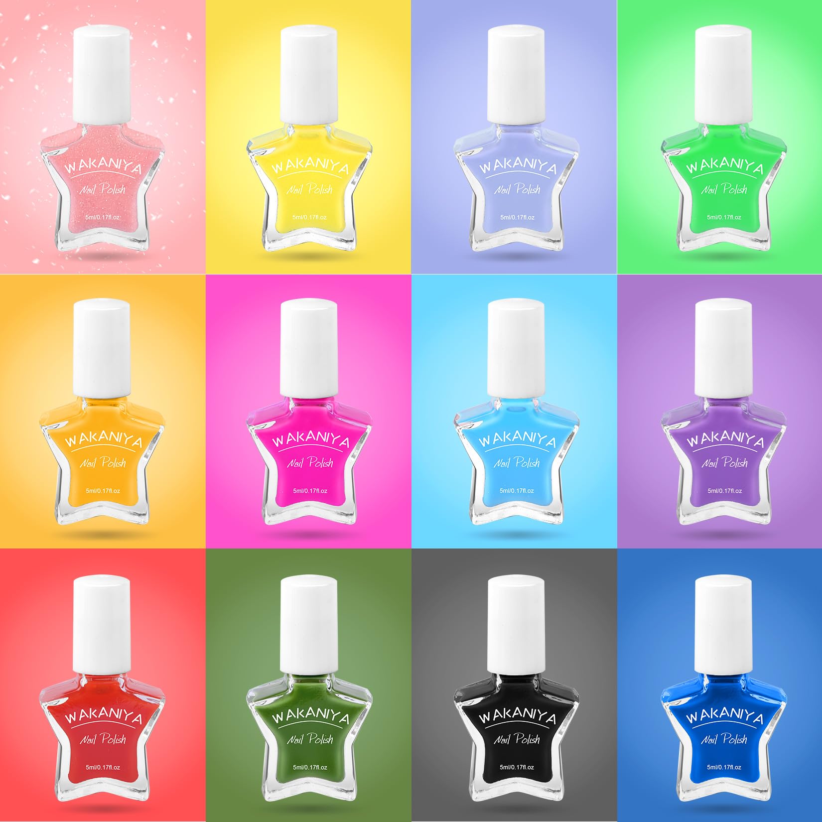 wakaniya Kids Nail Polish Set for Girls, Non Toxic Low Odor Water Base Nail Polish with Stickers, 12 Rainbow Colors Quick Drying Peel off Nail Varnish Kit for Kids Toddlers 3+
