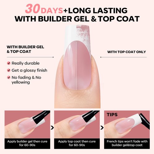 Modelones Gel Nail Kit, Top Coat, Nail Builder Gel and Nail Glue for Nail Tips, Press On Nails Kit with LED Light, 150 PCS Long Pink Square, 15 Sizes French Tip Press on Nails
