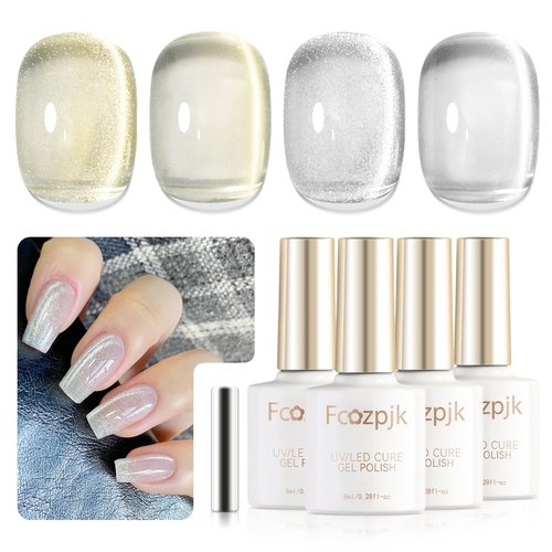 Fcozpjk Jelly Glass Cat Eye Gel Polish with Magnet, 4Pcs Silver Shimmer White Glassy Gel Polish Gold Cateye Magnetic Nail Gel Reflective Translucent Sheer Nail Polish Salon DIY Home Manicure 8ML