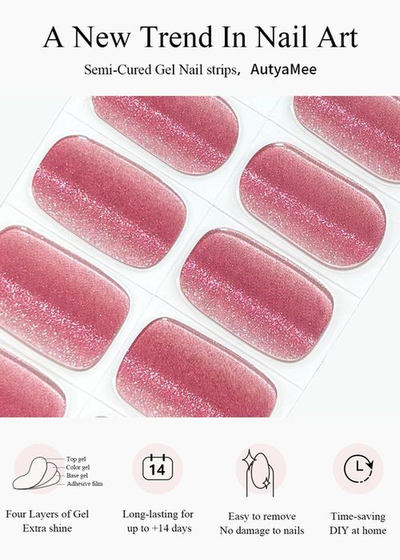 AutyaMee Semi Cured Gel Nail Strips (Crimson Cat Eye), Pink Red, 20 Pcs Gel Nail Wraps, Stickers, Salon Quality, Works With Any UV Lamps