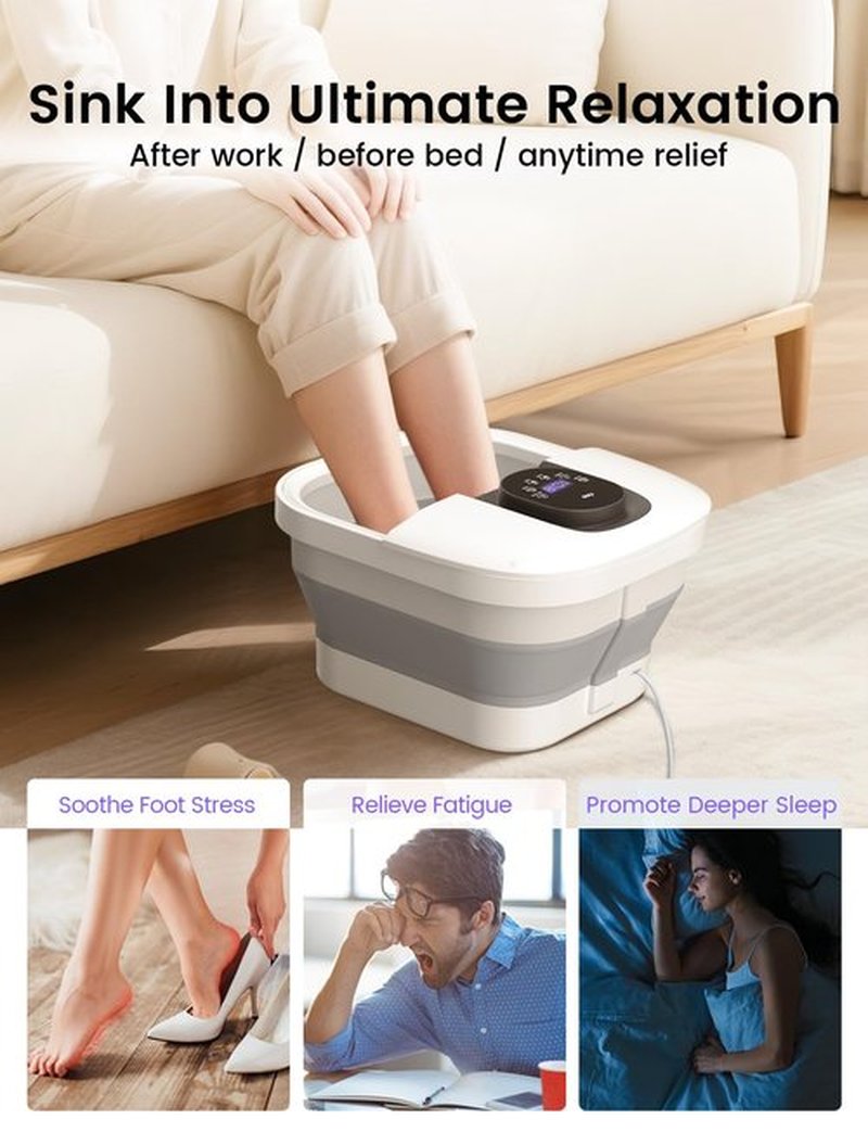 RIKE Collapsible Foot Spa with Heat, Bubbles, 24-Level Temp Control, Red Light, Timer, Foot Soaking Tub with 6 Shiatsu Rollers & Pumice Stone, Foot Bath Massager Pedicure FootSpa for Stress Relief
