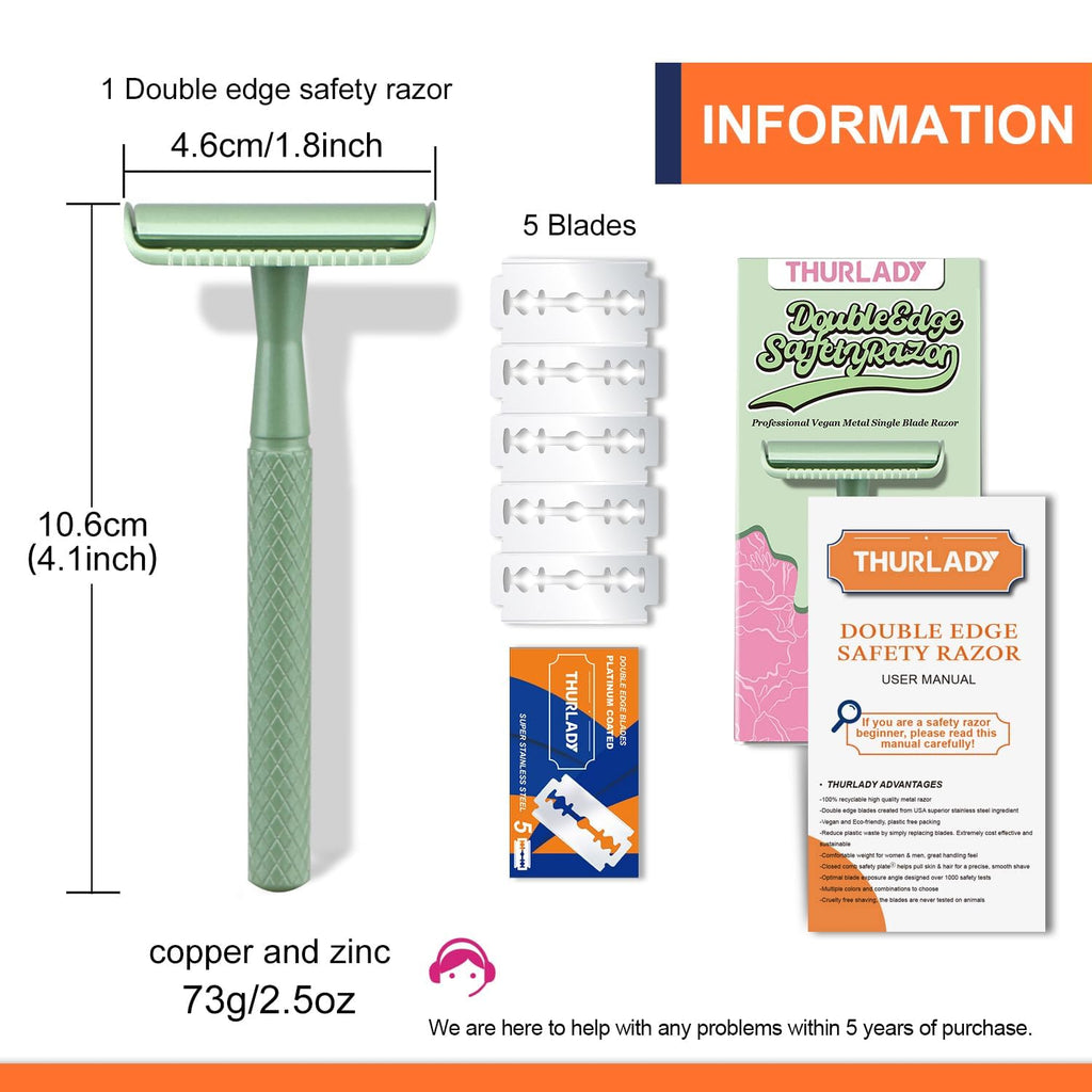 THURLADY Forest Green Safety Razor - Single Blade Razors for Women - Reusable Metal Razor, with 5 Stainless Steel Double Edge Blades, Smooth Close Shave, Sustainable, Plastic Free